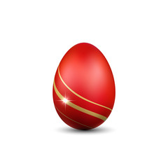 Easter egg 3D icon. Gold red egg, isolated white background. Bright realistic design, decoration for Happy Easter celebration. Holiday element. Shiny pattern. Spring symbol. Vector illustration