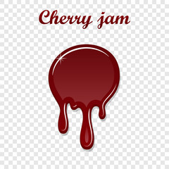 Red cherry drip confiture 3D. Berry sweet jam spot isolated white transparent background. Drips down stain. Drop realistic design. Syrup strawberry melted sauce. Tomato splash Vector illustration