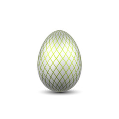 Easter egg 3D icon. Green silver egg, isolated white background. Bright realistic design, decoration for Happy Easter celebration. Holiday element. Shiny pattern. Spring symbol. Vector illustration