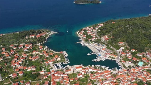Old Beautiful Mediterranean Harbour Village Veli Iž on Island Iž in Adriatic Sea, Croatia - Aerial Drone Panoramic View