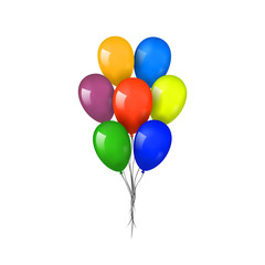 Fototapeta na wymiar Balloons 3D bunch set, thread, isolated white background. Color glossy flying baloon, ribbon, birthday celebrate, surprise. Helium ballon gift. Realistic shape, design happy bday Vector illustration