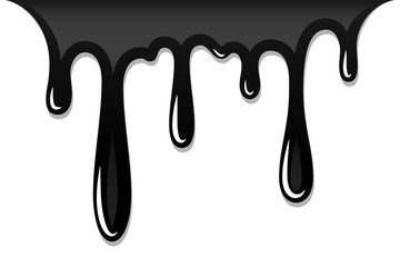 Drip paint 3D. Ink stain. Drop melt liquid isolated on white background. Splash of chocolate, oil, blood. Black graffiti. Splatter syrup, candy sauce, caramel. Vector illustration