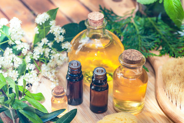 Assortment of natural oils in glass bottles on wooden background. Concept of pure organic ingredients in cosmetology. Bath accessoiries, atmosphere of harmony, relax. Close up macro. Healthy lifestyle