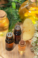 Assortment of natural oils in glass bottles on wooden background. Concept of pure organic ingredients in cosmetology. Atmosphere of harmony, relax, spa. Close up macro. Healthy lifestyle