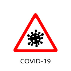 Coronavirus 2019-nCoV. Corona virus attention icon. Red triangle sign isolated white background. Pathogen respiratory infection. Bacteria-cell. Influenza pandemic. Corona-virus. Vector illustration