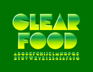 Vector green memblem Clear Food with Glossy creative Font. Gradient color Alphabet Letters and Numbers