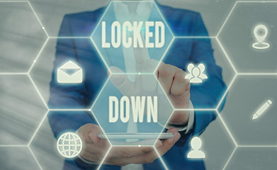 Word writing text Locked Down. Business photo showcasing emergency measure which showing prevented...