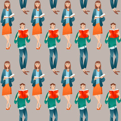 Boy and girl read books. Seamless background pattern.