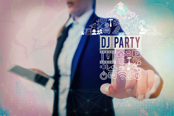 Conceptual hand writing showing Dj Party. Concept meaning demonstrating who introduces and plays...