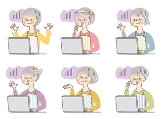 パソコン　怖る　シニア女性　主婦　セット