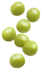 Falling tasty green peas, isolated on white background