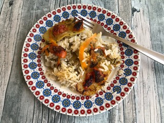 Rice potatoes and artichokes baked meal