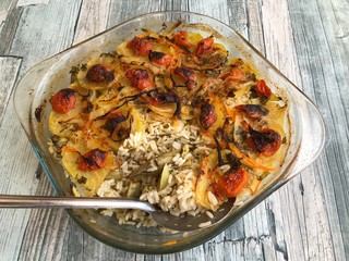 Rice potatoes and artichokes baked meal
