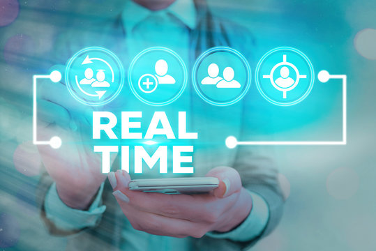 Writing note showing Real Time. Business concept for the actual time during which a processes or events occurs