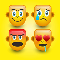 Emoticon. Smile face, Sad face,Angry face, and falling in love. Cute emoticon isolated on yellow background. 3d illustration.