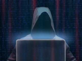 Man in hood no face with laptop. Double exposure