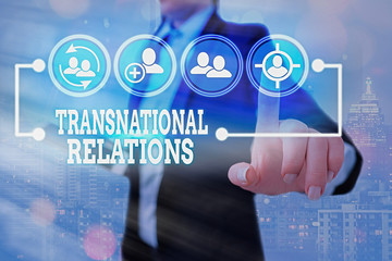 Conceptual hand writing showing Transnational Relations. Concept meaning International Global...
