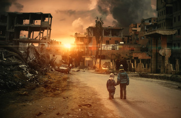Two homeless little girl walking in destroyed city, soldiers and helicopters and tanks are still attacking the city - obrazy, fototapety, plakaty
