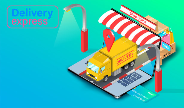 Delivery express by truck on computer laptop with GPS. Online food order and package in E-commerce by website. isometric flat design. Vector illustration
