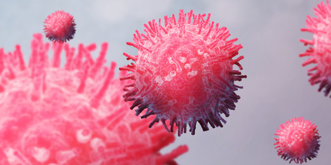 Global pandemic. Coronavirus infection cells on grey background, 3D illustration. Panorama