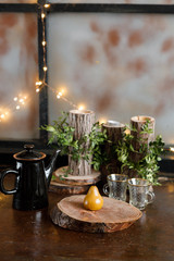 yellow pear cake on wooden background with bokeh lights