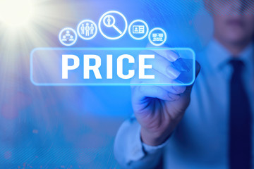 Writing note showing Price. Business concept for the amount of money expected or required in...