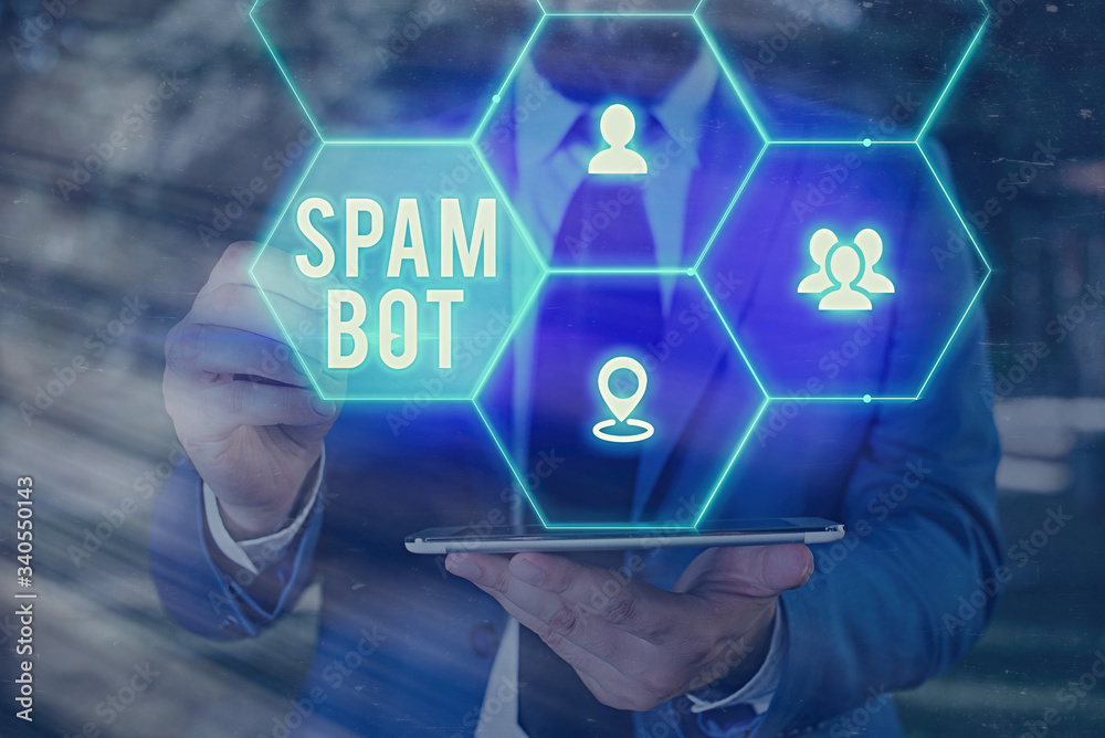 Poster word writing text spam bot. business photo showcasing autonomous program on the internet that sends 