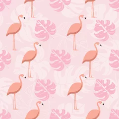 Papier Peint photo Flamingo Exotic flamingo and tropical leaves seamless abstract pattern on pastel pink background design