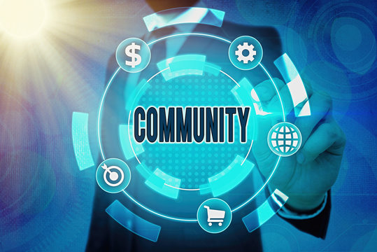 Writing note showing Community. Business concept for group of showing with a common characteristics living together