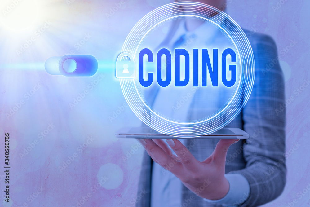 Poster Text sign showing Coding. Business photo showcasing assigning code to something for classification identification