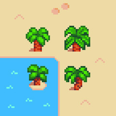Palms pixel art icon set. Game assets. 8-bit sprite. Isolated abstract vector illustration.  Element design for stickers, embroidery, mobile app. Palm tree on an island in the sea.