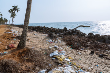 Mararikulam, Kerala - January 5, 2019: Plastic and trash on the beach in Marari Beach in Mararikulam kerala india