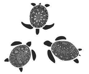 Hand drawn bicolor doodle turtles