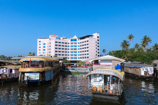 Alleppey, Kerala - January 7, 2019: house boats parked at starting point in alleppey backwaters kerala india