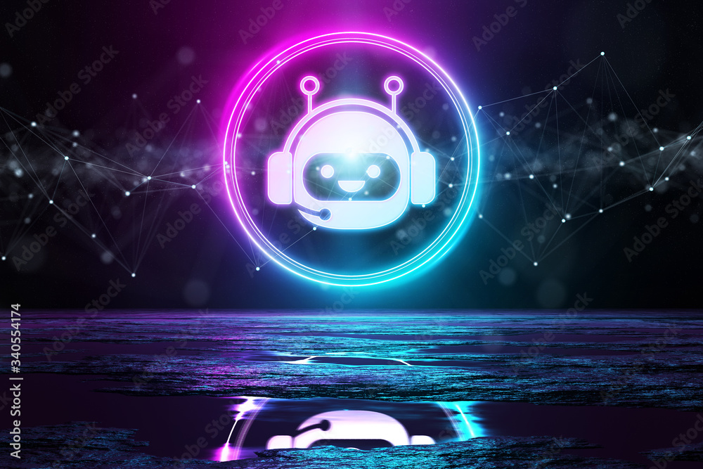 Poster digital chatbot holographic icon illuminating the floor with blue and pink neon light 3d rendering