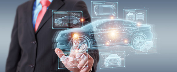 Man holding and touching holographic smart car interface projection 3D rendering