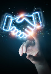 Man hand using partnership neon blue interface 3D rendering
