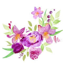 Orchids, roses, leaves. Watercolor illustration.