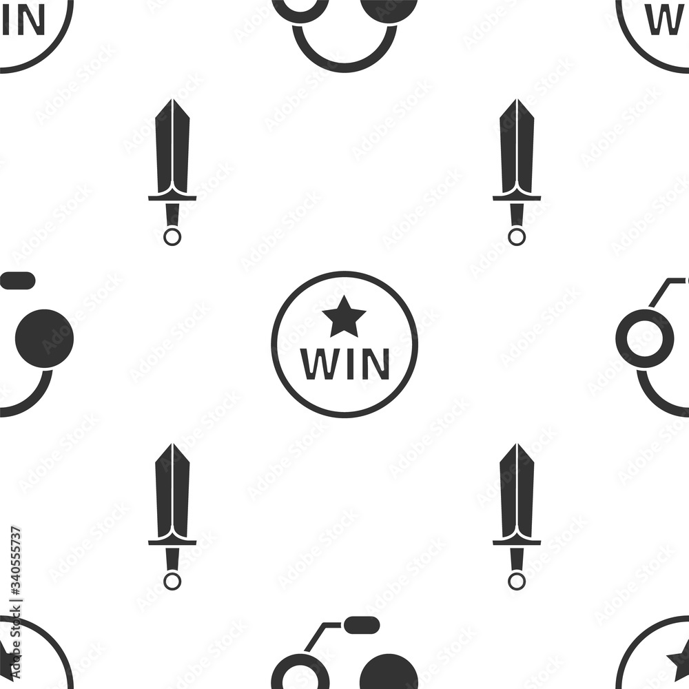 Poster Set Headphones, Medal and Sword for game on seamless pattern. Vector