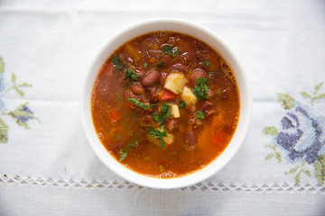 Traditional Azerbaijani Red bean soup . A bowl of homemade red bean soup . Red bean soup .