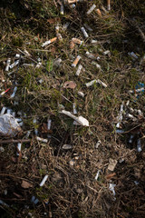 A large pile of garbage with cigarette butts in a natural park. Branches from trees and last year's dry foliage. Environmental pollution. Recycling.
