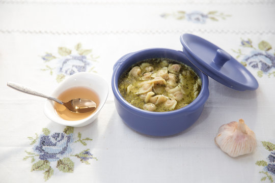 Chuchpara, kind of dumpling, which is popular in Central Asia, Kyrgyz, Azerbaijan cuisine, Traditional assorted dishes, Top view. Traditional Azerbaijan dushbere .