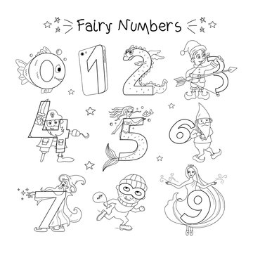 Funny numbers from 0 to 9 in the images of fairy-tale characters. Each figure has its own character and image. Learn numbers for the youngest children. Numeration from 0 to 9.