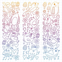 Meubelstickers Pattern kids fabric, textile, nursery wallpaper. Vector illustration. Hand drawn singing birds and flowers for little children. © Anastasia