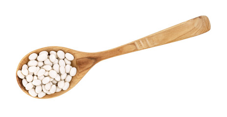 Soy beans on a wooden spoon isolated on a white background