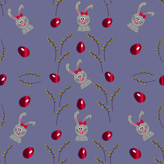 Pattern grey easter bunny with eggs, willow. Cute little rabbit face. Celebration happy easter. Design, textile, print, fabric, decoration. Happy animal character. Cartoon rabbit. Vector Illustration.