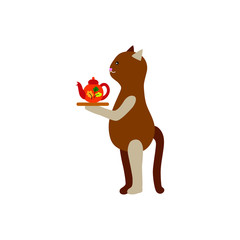 Fototapeta premium The character of a kitten stands on its feet, like a person in profile. Cute cartoon cat holds a tray with a teapot. Cheerful friendly animal isolated vector. Concept for tea party, celebration. 