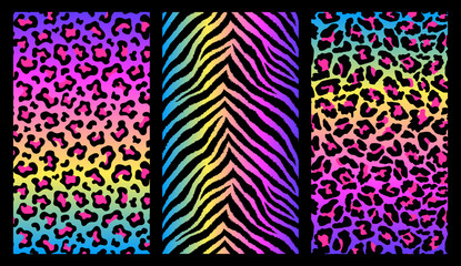 Set of 3 colorful vertical animal fur prints. Animalistic backgrounds. Detailed textures for posters, covers, etc. Rainbow gradients.  © InnaPoka