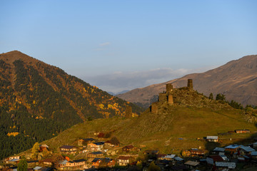 The old fort overlooks the village of upper Omalo at sunrise
