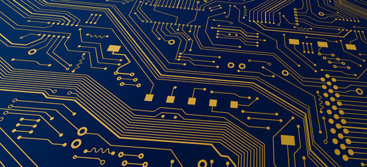 Modern nanotechnologies. Electronic circuit board closeup. Illustration. Panorama